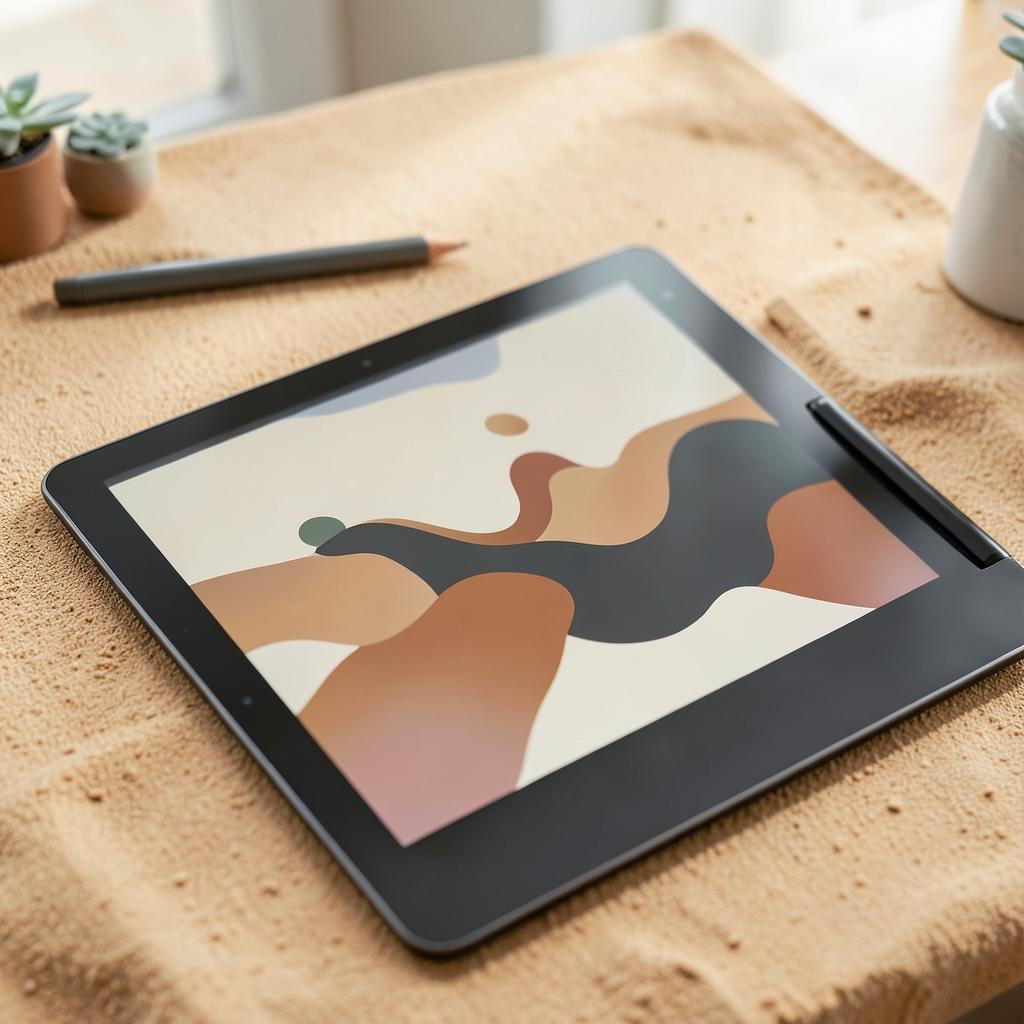 Graphic und Illustration: Abstrakte Vektorformen und digitale Artwork auf einem Tablet